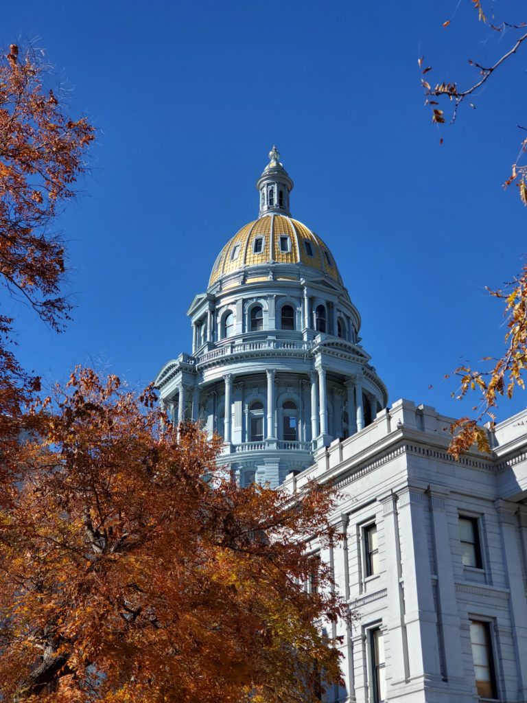 A view of the capitol dome through orange leaves